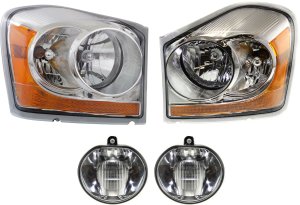Headlight Assembly Kit for 2004-2005 Dodge Durango, Includes Right (Passenger) and Left (Driver) Halogen Headlights, 4-Piece kit with Fog Lights, Replacement