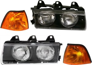 Headlight Assembly for BMW 3-Series 1995-1999, Right (Passenger) and Left (Driver), Halogen, 4-Piece Kit, includes Corner Lights, Replacement - fits 318i, 323i, 328i, M3.