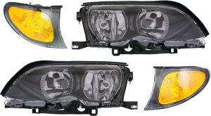 Headlight Kit for BMW 3-Series (2002-2005), Right (Passenger) and Left (Driver), 4-Piece Set with Bulbs, Halogen, Yellow Lens, Black Interior, Corner Lights - Replacement Fits 325i, 330i, M3