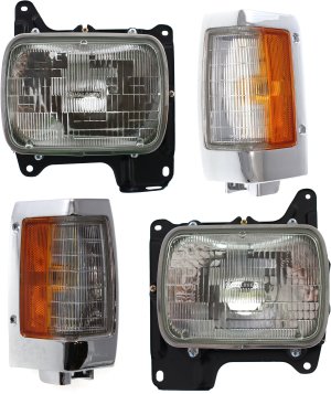 Headlight Assembly Kit for Nissan D21 (1990-1994) / Pickup (1995-1997), Right (Passenger) and Left (Driver), Halogen, 4-Piece with Corner Lights, Replacement