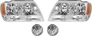 Headlight Assembly for Jeep Grand Cherokee 2004, Right (Passenger) and Left (Driver), Halogen, 4-Piece kit with Fog Lights, Replacement