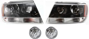 Headlight Assembly Kit for 2004 Jeep Grand Cherokee, Right (Passenger) and Left (Driver), Halogen, 4-Piece Kit with Fog Lights, Replacement