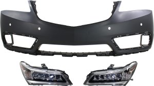 Headlight Assembly Kit for Acura MDX 2014-2016, Right (Passenger) and Left (Driver), 3-Piece Kit with LED Lights and Bumper Cover, Replacement