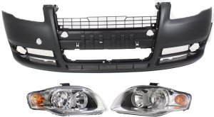 Headlight Assembly Kit for Audi A4/A4 Quattro 2005-2009, Right (Passenger) and Left (Driver), 3-Piece Halogen with Bumper Cover, Replacement