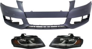 Headlight Assembly Kit for Audi A4/A4 Quattro 2009-2012, Right (Passenger) and Left (Driver), Halogen, 3-Piece with Bumper Cover, Replacement