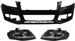 Headlight Assembly Kit for Audi A4/A4 Quattro 2009-2012, Right (Passenger) and Left (Driver), Halogen, 3-Piece with Bumper Cover, Replacement