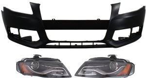 Headlight Kit for Audi A4/A4 Quattro 2009-2010, Right (Passenger) and Left (Driver), Lens and Housing, Xenon, 3-Piece with Bumper Cover Replacement