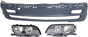 Headlight Assembly for BMW 3-Series (1999-2001) Right (Passenger) and Left (Driver), Halogen, 3-Piece kit with Bumper Cover Replacement Models included: 323i, 328i, 330i.