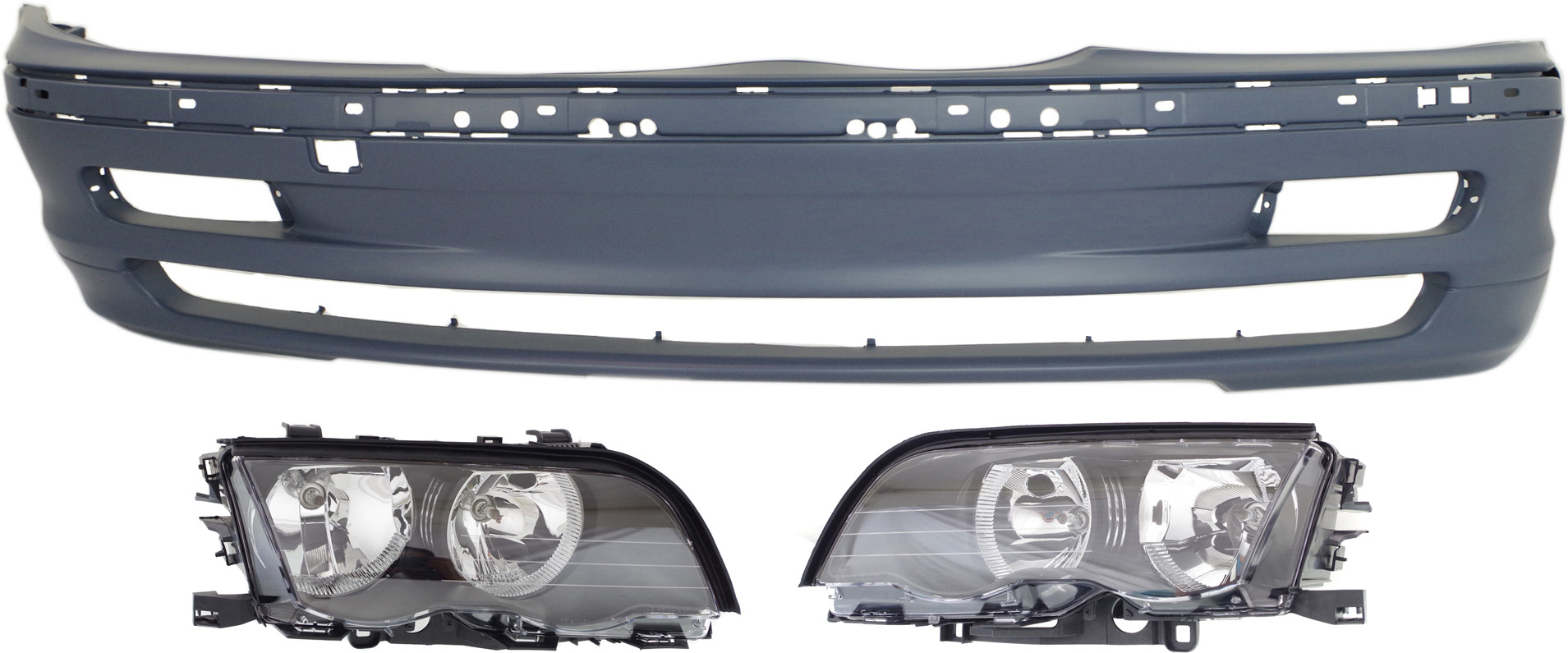 Headlight Assembly for BMW 3-Series (1999-2001) Right (Passenger) and Left (Driver), Halogen, 3-Piece kit with Bumper Cover Replacement Models included: 323i, 328i, 330i.