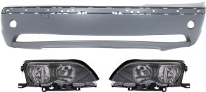 Headlight Assembly for BMW 3-Series (2002-2005), Right (Passenger) and Left (Driver), Halogen, 3-Piece kit with Bumper Cover, Replacement Models: for 325i, 325xi, 330i, 330xi.