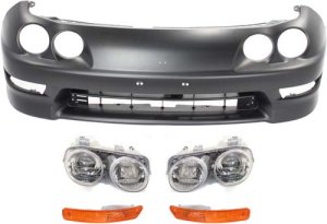 Front Bumper Cover Kit for 1998-2001 Acura Integra, 5-Piece, Primed (Ready to Paint), for GS/GS-R/LS Models, USA Built, with Headlights and Turn Signal Lights, Replacement