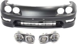 Front Bumper Cover for 1998-2001 Integra GS/GS-R/LS USA Built Models, 3-Piece Kit, Primed (Ready to Paint), with Headlights, Replacement