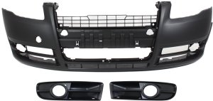 Front Bumper Cover for Audi A4 2005-2008/A4 Quattro 2005-2009, Primed (Ready to Paint), 3-Piece Kit, with Fog Light Trims Replacement