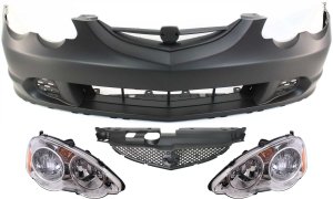 Front Bumper Cover for 2002-2004 RSX, 4-Piece Kit with Grille Insert and Headlights, Replacement