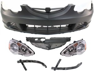 Front Bumper Cover Kit for RSX 2002-2004, 6-Piece with Grille Insert, Bumper Brackets and Headlights, Replacement