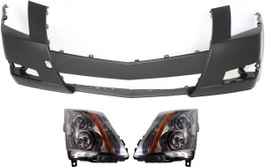 Headlight Assembly Kit for Cadillac CTS 2008-2014, Right (Passenger) and Left (Driver), Halogen, 3-Piece with Bumper Cover, Replacement