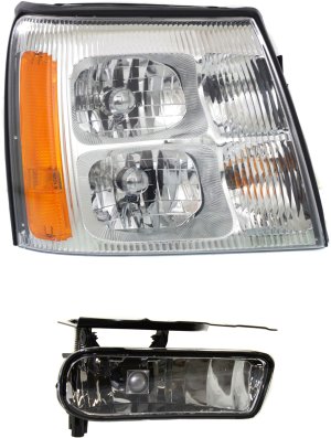Headlight with Bulb and Fog Light for Cadillac Escalade 2002, Right (Passenger) 2-Piece Kit Replacement