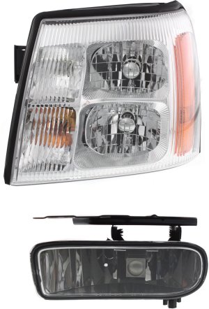 Headlight Assembly Kit for 2002 Cadillac Escalade/Escalade EXT, Left (Driver) Side, Halogen, with Fog Light, 2-Piece Set, Replacement