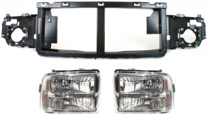 Headlight Assembly Kit for Ford F-250 Super Duty/F-350 Super Duty 2005-2007, Right (Passenger) and Left (Driver) Sides, Halogen, 3-Piece with Header Panel, Replacement.
