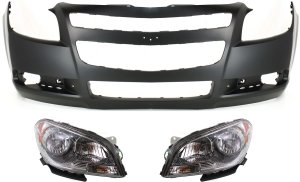 Headlight Assembly Kit for 2008-2012 Chevrolet Malibu, Right (Passenger) and Left (Driver), Halogen, 3-Piece with Bumper Cover, Replacement