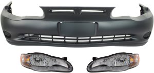 Headlight Assembly for Chevrolet Monte Carlo 2000-2005, Right (Passenger) and Left (Driver), 3-Piece Kit, Halogen, with Bumper Cover Replacement