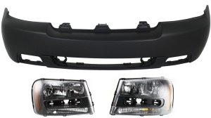 Front Bumper Cover Kit for 2006-2009 Chevrolet Trailblazer, Primed (Ready to Paint), 3-Piece Set with Headlights, Replacement
