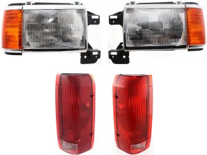 Headlight Assembly for 1990-1991 Ford F-Series, Right (Passenger) and Left (Driver), Halogen, 4-Piece kit with Tail Lights, Replacement - fits F-150, F-250, F-350.