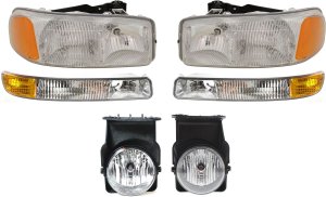 Headlight Assembly Kit for GMC Sierra 2004-2007, Right (Passenger) and Left (Driver), Halogen, 6-Piece with Fog Lights and Parking Lights, Replacement