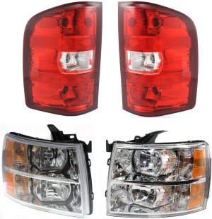 Headlight and Tail Light Assembly Kit for 2007-2014 Chevrolet Silverado 1500, Right (Passenger) and Left (Driver), Halogen, 4-Piece Set, Replacement