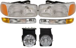 Headlight Kit for 2003-2004 GMC Sierra Pickup Truck, 6-Piece Set with Right (Passenger) and Left (Driver) Headlights, Fog Light, and Parking Light, Includes Bulbs, Replacement