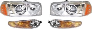 Headlight Kit for GMC Yukon (2001-2006) and Sierra 1500 Classic (2007), Right (Passenger) and Left (Driver) Sides, with Bulbs and Parking Lights, 4-Piece Kit, Replacement