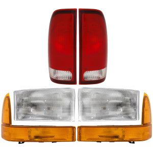 Headlight and Tail Light Kit for Ford F-Series Super Duty 1999-2001, Includes Right (Passenger) and Left (Driver) Lights with Bulbs, 6-Piece Set, with Corner Light, Replacement
