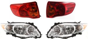 Headlight and Tail Light Assembly Kit for 2009-2010 Toyota Corolla, Right (Passenger) and Left (Driver), Halogen, 4-Piece Set, Replacement