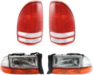 Headlight and Tail Light Kit for Dodge Dakota 1997-2004, Right (Passenger) and Left (Driver), Comes with Bulbs, 4-Piece Set, Replacement
