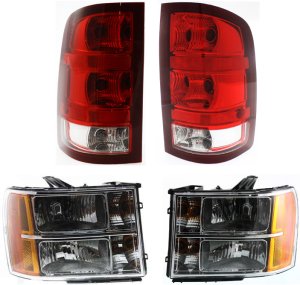 Headlight and Tail Light Kit for GMC Sierra 2007-2014, Right (Passenger) and Left (Driver) with Bulbs, 4-Piece Set, Replacement