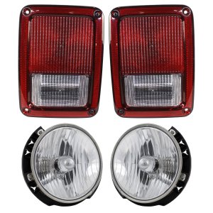 Tail Light and Headlight Kit for Jeep Wrangler 2007-2017, Right (Passenger) and Left (Driver) Side, 4-Piece Set, Replacement