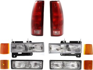Headlight Kit for Chevrolet C/K Full Size Pickup (1994-1999), Right (Passenger) and Left (Driver) Side, with Bulbs, 10-Piece Kit with Reflectors, Side Markers, Tail Lights, Turn Signal Lights, Replacement