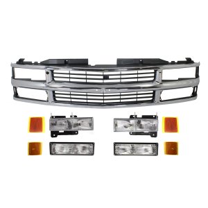 9-Piece Grille Kit for 1994-2000 Chevrolet C/K Full Size Pickup, 4-Door, Sport Utility, 2-Piece Type, Comes with Composite Headlights, Headlights, Reflectors, Side Markers, Turn Signal Lights Replacement