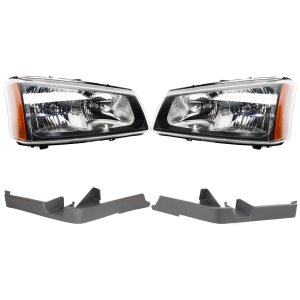 Headlight Assembly Kit for Chevrolet Avalanche 1500/2500 (2003-2006) / Silverado (2003-2007), Right (Passenger) and Left (Driver), 4-Piece, Halogen, Fluted Reflector, with Bumper Trim, Replacement