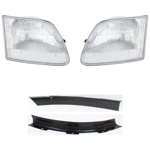 Headlight Assembly Kit for 1997-2002 Ford Expedition, 1997-2003 F-150, Right (Passenger) and Left (Driver), 4-Piece, Halogen, Excludes STX, Heritage, Harley, King Ranch Models, Includes Bumper Trim, Replacement