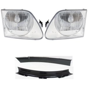 Headlight Assembly Kit for Ford Expedition 1997-2002, F-150 1997-2003, Right (Passenger) and Left (Driver), 4-Piece, Halogen, Crystal Clear Lens, Lightning Model, with Bumper Trim, Replacement