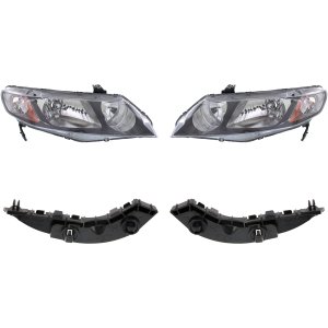 Headlight Kit for 2009-2011 Honda Civic Sedan, Includes Right (Passenger) and Left (Driver) Halogen Lights, Lens and Housing, with Bumper Trim, 4-Piece Replacement