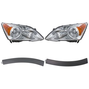 Headlight Lens and Housing Kit for Honda CR-V 2007-2011, Right (Passenger) and Left (Driver) Side, 4-Piece, Halogen, with Bumper Trim, Replacement 