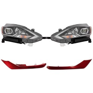 Headlight Assembly Kit for 2017 Nissan Sentra, Right (Passenger) and Left (Driver), 4-Piece Set, LED, with Bumper Trim Replacement