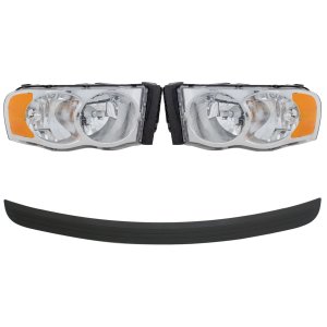 Headlight Assembly Kit for 2002-2005 Dodge Ram 1500, 2003-2005 Ram 2500/3500, Right (Passenger) and Left (Driver), 4-Piece, Halogen, Without Bulb and Wiring Harness for Side Marker Light, with Bumper Trim, Replacement