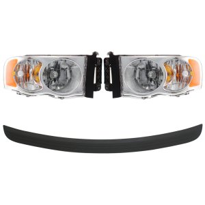 Headlight Assembly Kit for Dodge Ram 1500 2002-2005 / Ram 2500/3500 2003-2005, Right (Passenger) and Left (Driver), 4-Piece, Halogen, With Bulb and Wiring Harness for Side Marker Light, with Bumper Trim Replacement