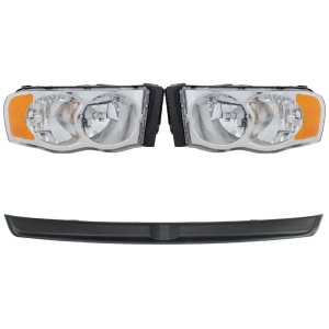 Headlight Assembly Kit for Dodge Ram 1500 (2002-2005) / Ram 2500/3500 (2003-2005) Right (Passenger) and Left (Driver), 4-Piece, Halogen, Without Bulb, Wiring Harness for Side Marker Light, with Bumper Trim, Replacement