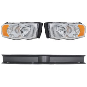 Headlight Assembly Kit for Dodge Ram 1500 (2002-2005) / Ram 2500/3500 (2003-2005), Right (Passenger) and Left (Driver), 3-Piece, Halogen, Without Bulb and Wiring Harness for Side Marker Light, with Bumper Trim, Replacement 