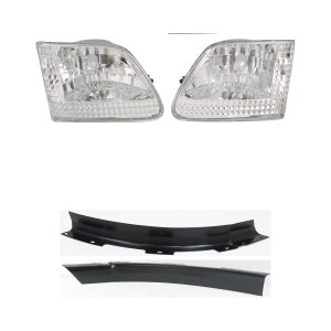 Headlight Kit for Ford Expedition 1997-2002 / F-150 1997-2003, Right (Passenger) and Left (Driver) Halogen Light with Clear Lens, Chrome Interior, 4-Piece Set with Bumper Trim, Replacement