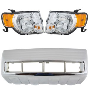 Front Bumper Molding Kit for Ford Escape 2008-2012, Right (Passenger) and Left (Driver), 4-Piece, Chrome, with Headlight Replacement